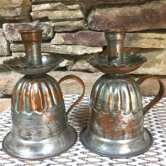 VTG Copper on Silver Bohemian Candle Holders Lot 2